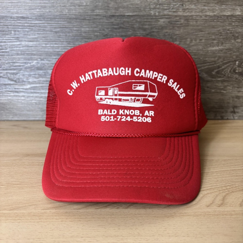 Vintage C.W. Hattabaugh Camper Sales Hat Cap Snap Back Red Mesh Trucker Mens 80s